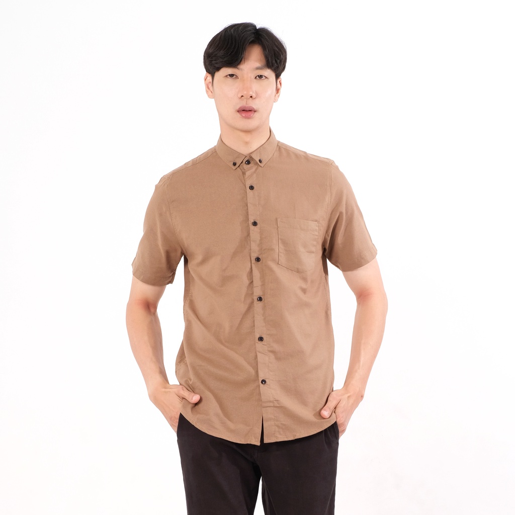 SANVANINA Kemeja Lengan Pendek Pria Slim Fit Khaki | Short Basic Rami E-1507F