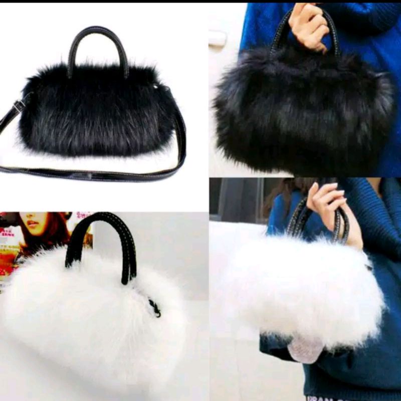 BNG_TAS SELEMPANG Bulu furlaa hitam putih / Sling Bag Wanita murmer