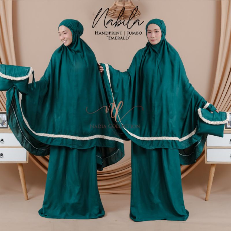 Mukena Nabila Bold dan Pastel Bahan Katun Rayon Handprint Original Brand by Nadya Collection