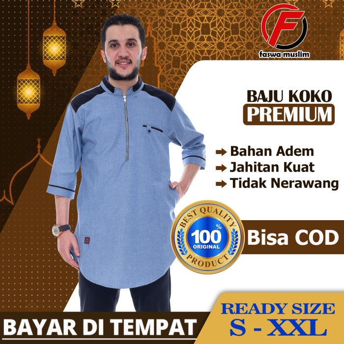 Baju Koko Kurta Pria Muslim Dewasa Lengan Pendek Pakai Resleting