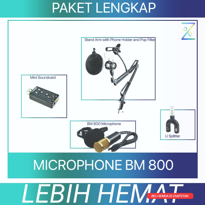 Paket Karaoke Recording Smule Microphone BM 800 Mic Stand Arm Pop Filter Phone Holder V8 Soundcard