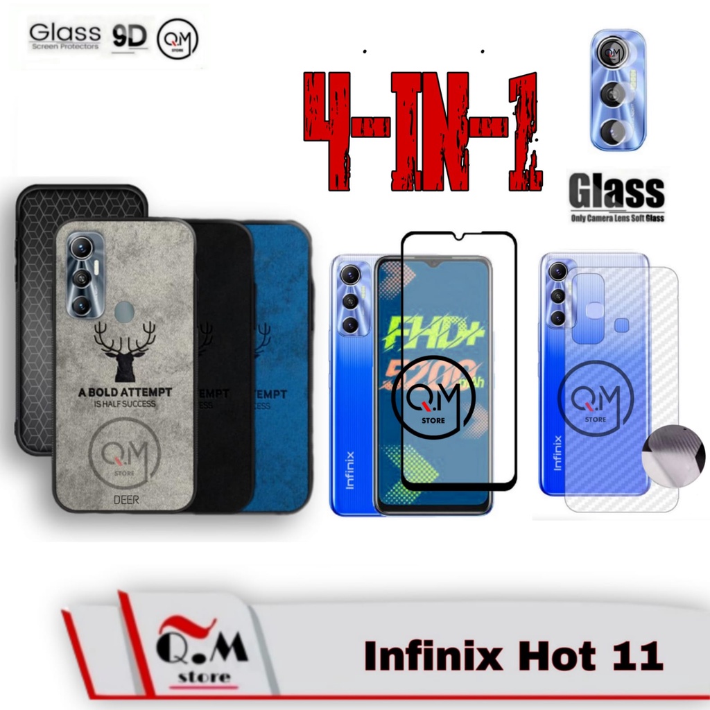 PAKET 4 IN1 CASE INFINIX HOT 11 / INFINIX HOT 11S NFC Softcase Deer Pelindung Back Cover Free Tempered Glass Plus Camera