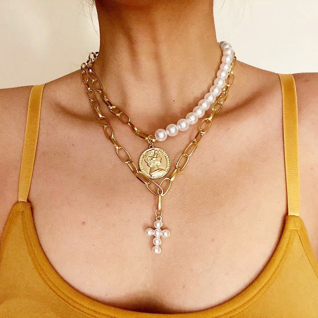 Cross-Border Wanita Kalung Retro Berlebihan Mutiara Rantai Kalung Lingkaran Cross Pandant Wanita Niche Desain