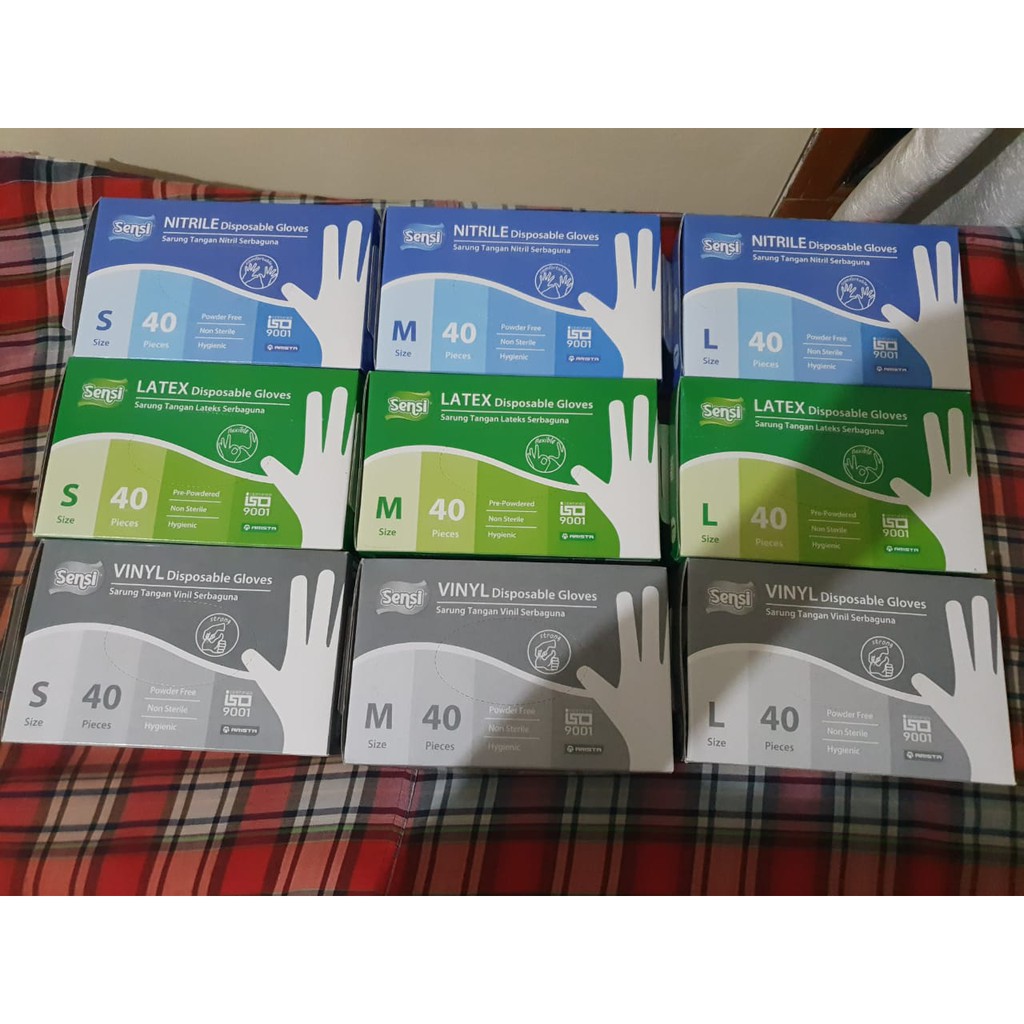 Sarung Tangan Medis Vinyl Vinil | Latex Lateks | Nitrile Nitril SENSI Glove Gloves Isi 40 PCS ASLI