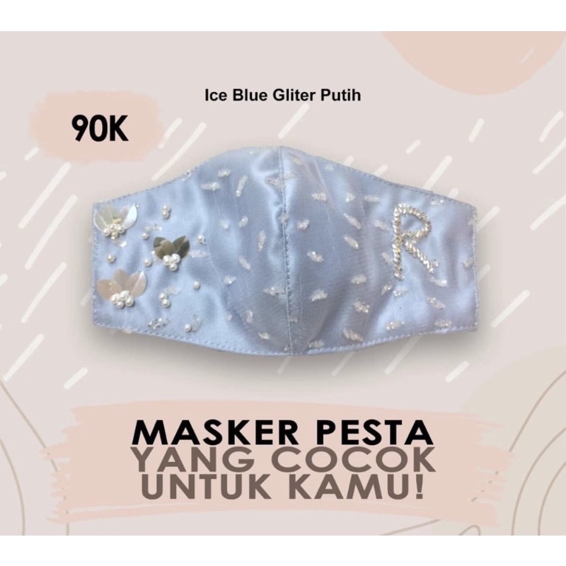 Masker Pesta Mewah 3ply | Satin Ice Blue Brukat Glitter Putih