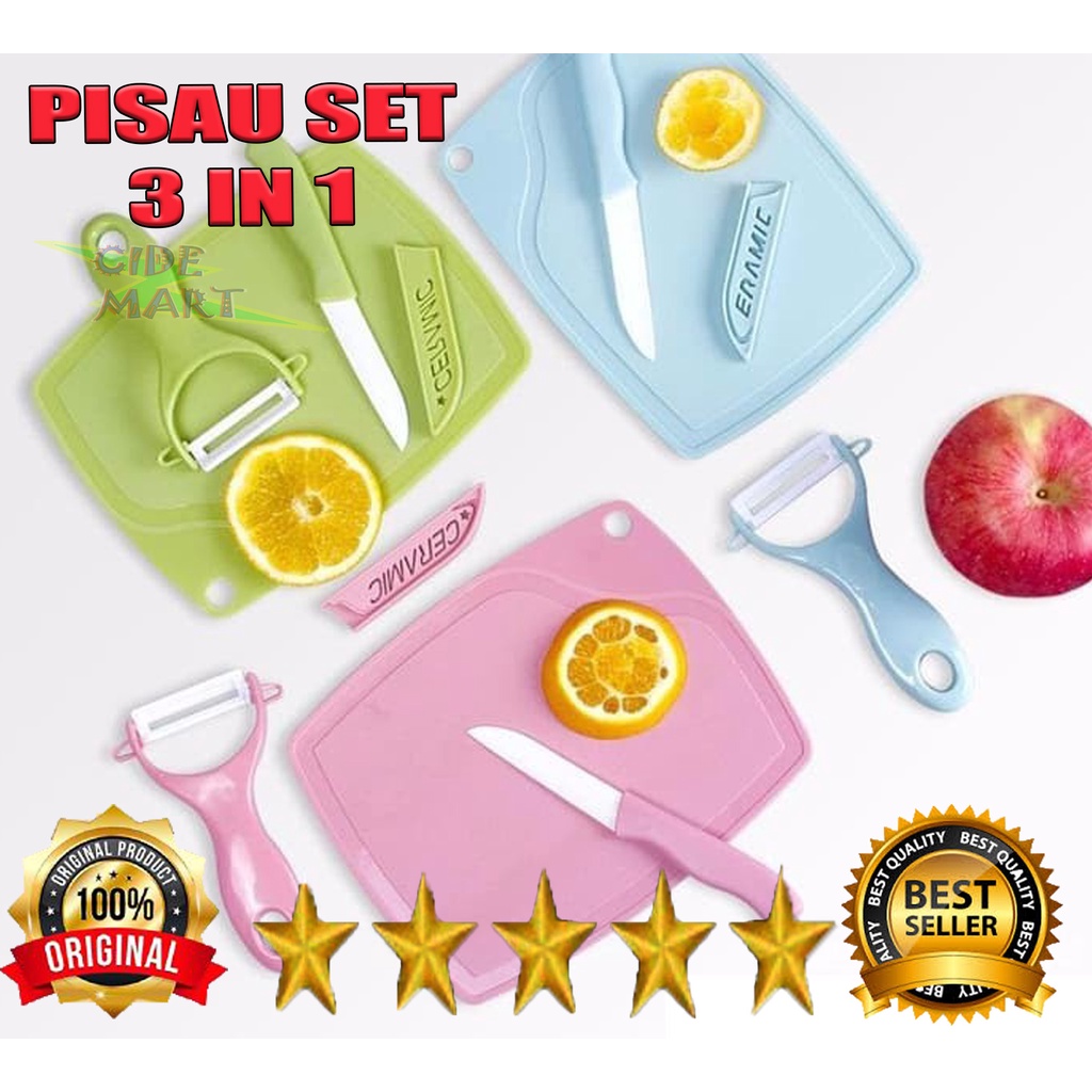 PISAU SET TALENAN KERAMIK 3IN1 STAINLESS PISAU PEELER KUPAS BUAH SET KNIFE SERBAGUNA