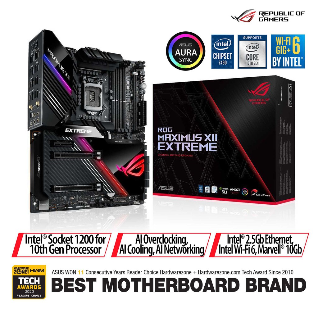 ASUS ROG MAXIMUS XII EXTREME Intel Z490 EATX motherboard ,DDR4, USB 3.2Gen 2x2 Type-C, Aura Sync RGB