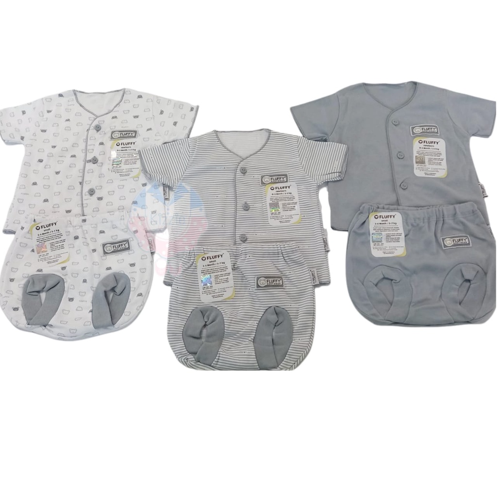 Baju Setelan Fluffy Kancing Depan Pendek isi 3 Stel / Setelan Baju Bayi