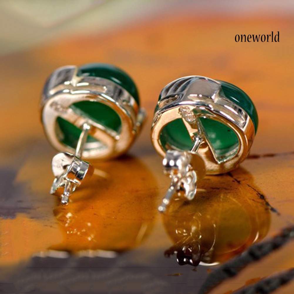 OW@ Fashion Women Natural Green Agate Stone Inlaid Plated Stud Earrings Jewelry Gift