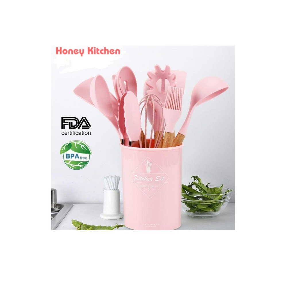 HONEY KITCHEN PREMIUM SILICONE KITCHEN UTENSIL SET 11 PCS GAGANG KAYU