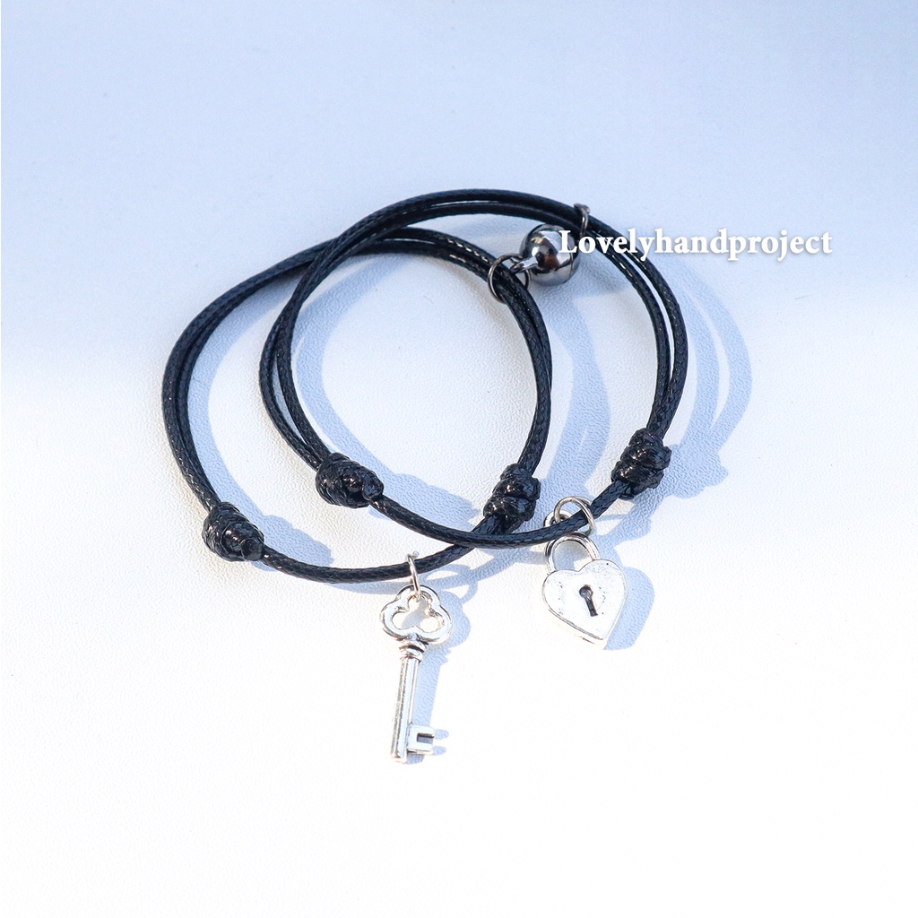 Gelang Couple Magnet Gembok Kunci Silver Tali Anti Air Korea Waterproof Liontin Love Pasangan Persahabatan Kulit SIntetis