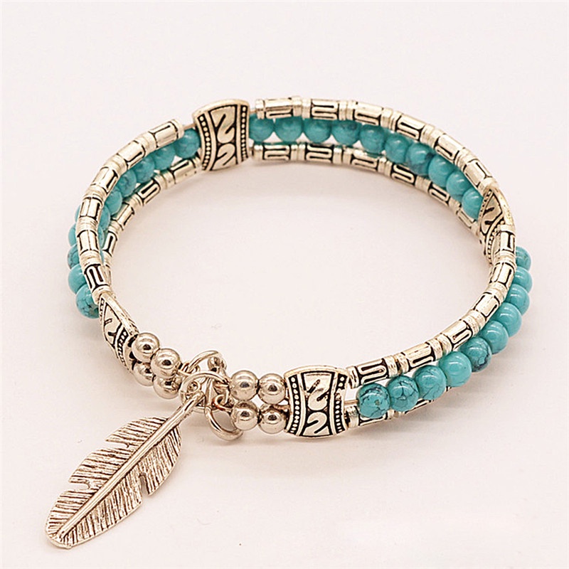 &lt; E2id &amp; &gt; Gelang Tangan Silver Gaya Vintage Bohemia Tibet Motif Bulu + Batu Turquoise Untuk Wanita