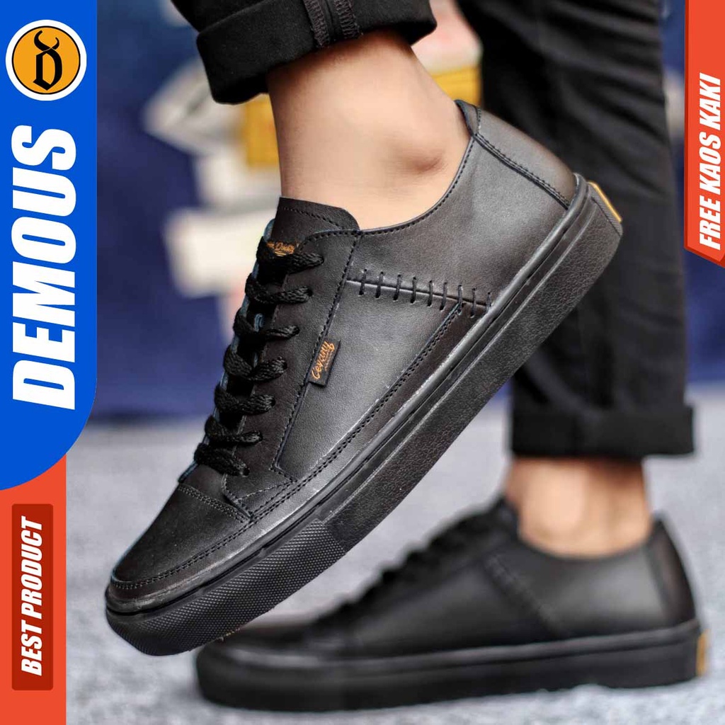 Sepatu Sneakers Casual Pria Kulit Asli Kerja Hitam Demous Dante Low