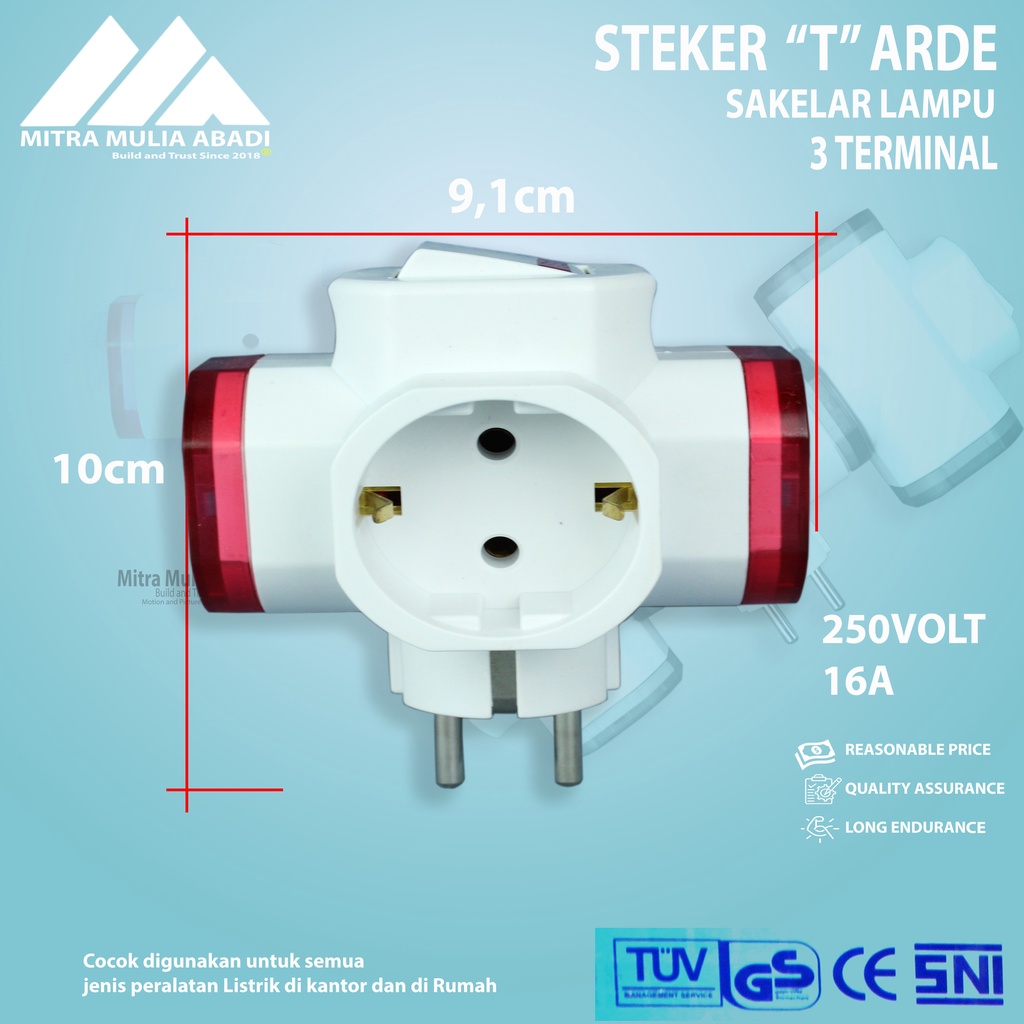 STEKER T ARDE DAN SAKLAR adaptor 3 lubang 912SK LOYAL- 250v 16a