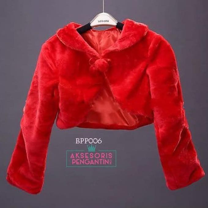 Cantik Bolero Bulu Lengan Panjang Merah Pengantin L Cardigan Wedding -Bbp 006