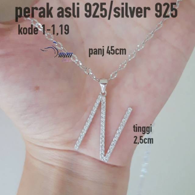 Kalung huruf N besar perak asli 925 lapis mas putih ANTI KARAT K'1-1,19