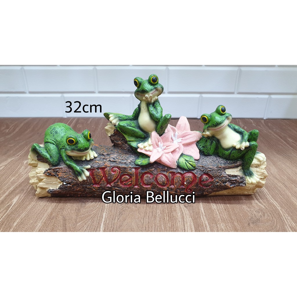 patung pajangan kodok welcome miniatur frog katak bunga teratai