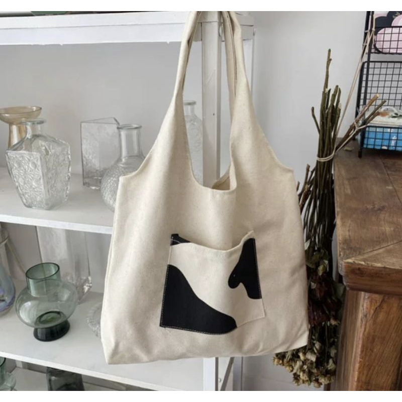 Totebag Vintage Saku Depan Populer Tas Tote-Saku sapi