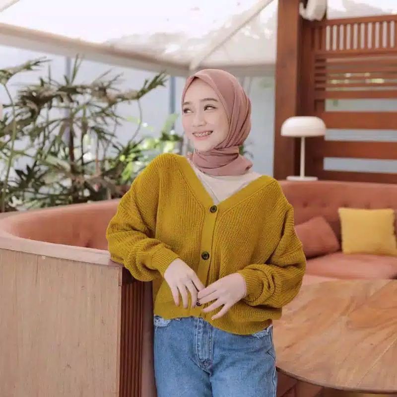 CARDIGAN RAJUT CROP INDAH RAJUTANKU-Mustard