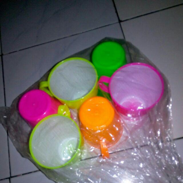 6 Pcs Cangkir Plastik/ Cangkir Cantik/ Gelas Plastik/ Gelas Bergagang/ Mug Plastik/ Mug Murah/