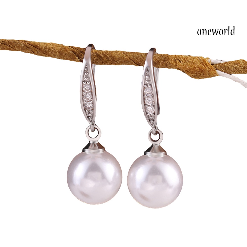 OW# Elegant Women Rhinestone Inlaid Faux Pearl Dangle Hook Earrings Jewelry Gift