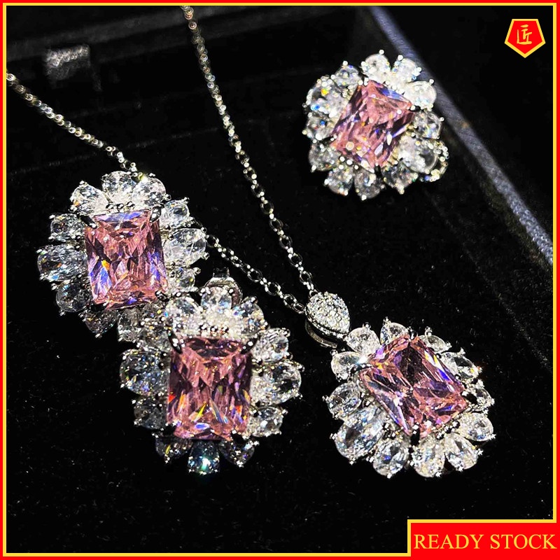 [Ready Stock]Square Pink Diamond Topaz Rings Ear Studs Suit for Women