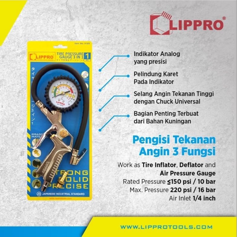 Lippro Tire Inflator Inflating Gun 3-In-1 - Isi Ukuran Angin Ban 9105