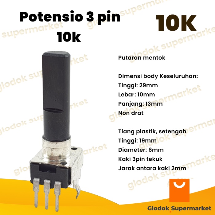 Potensio 3 pin 10k Mono Kaki 3 Tekuk Segi Hitam 103