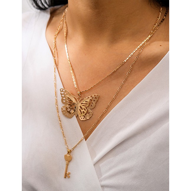 LRC Kalung Fashion Golden Butterfly Key Hollow Alloy Multilayer K51462