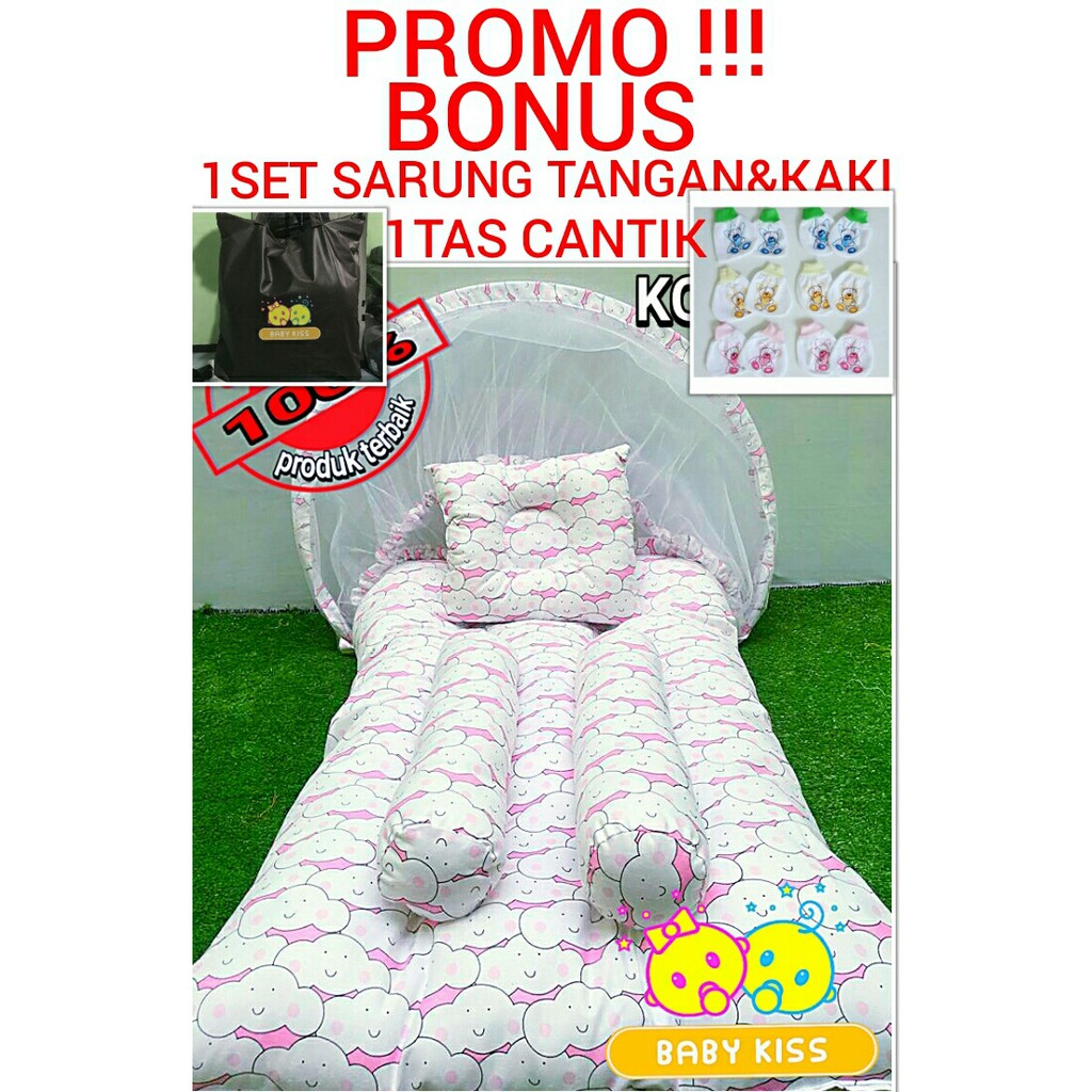 Tempat Tidur Bayi Baru Lahir Motif Awan Cloud Pink |  Perlengkapan Tidur Bayi  Kelambu Lipat Set New