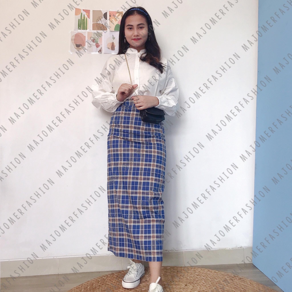 MAJOMER ® | ISHAK TARTAN LONG SKIRT - ROK PANJANG SEMI SPAN-RKJ-29 BIRU