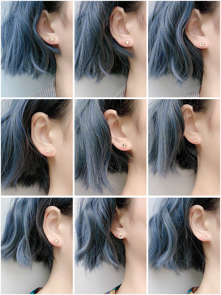 925 Perak Anting Murni Mini Kecil Bulan Bintang Zirkon Halus Anting Mahkota Kecil