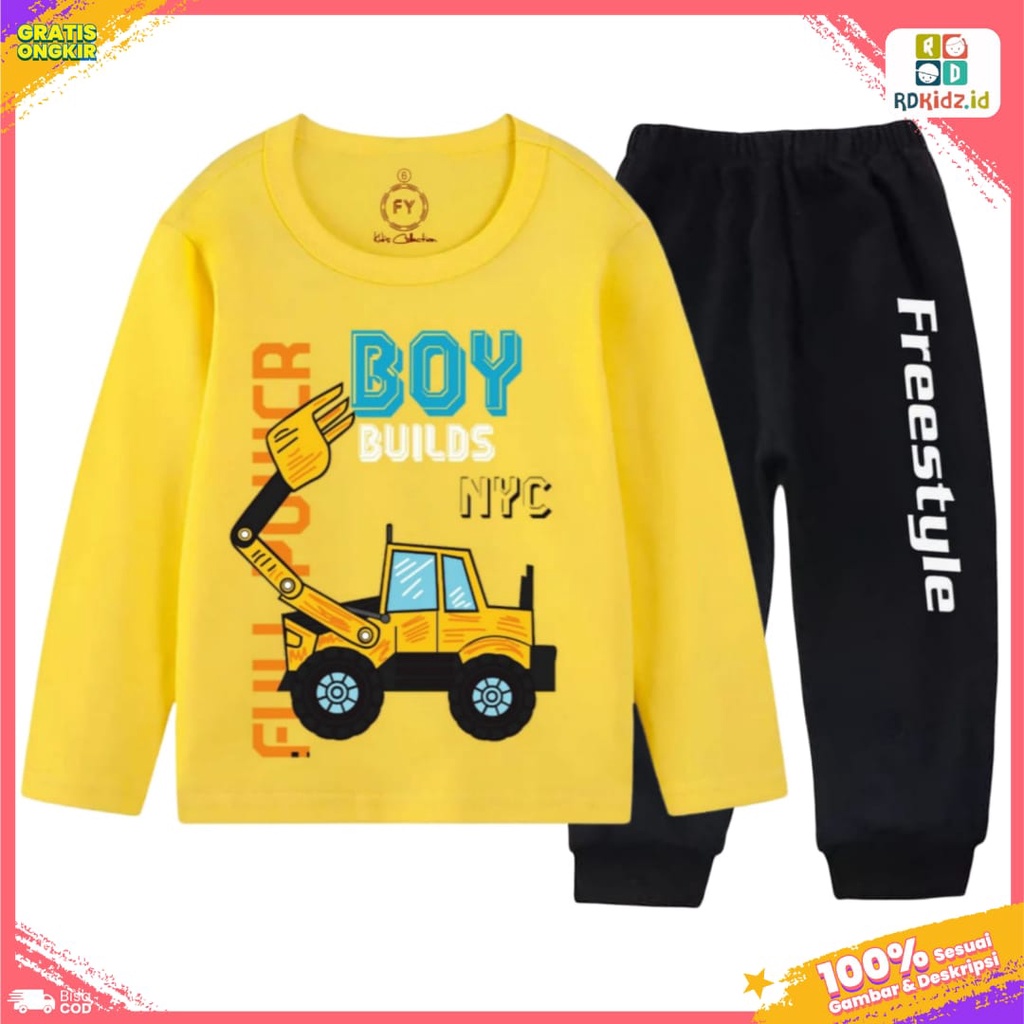 Rdkidzid Set Lengan Panjang Anak Laki Laki Set Pjg Anak Cowok Motif Tractor Kuning