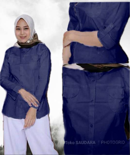 Kemeja panjang  biru navy wanita kantong dua tangan skoder ( lipat)