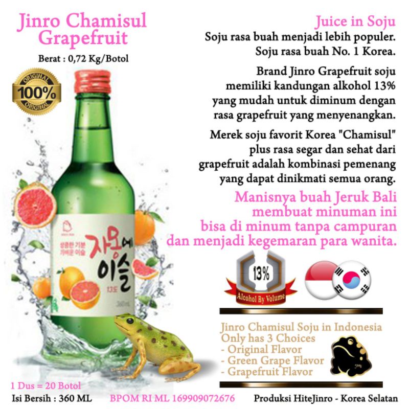 Soju Jinro Grapefruit jeruk 360ml botol Chamisul Jinro Chamisul Jeruk Grapefruit  Soju import 360ml Soju Korea jinro Orange Jinro Jeruk