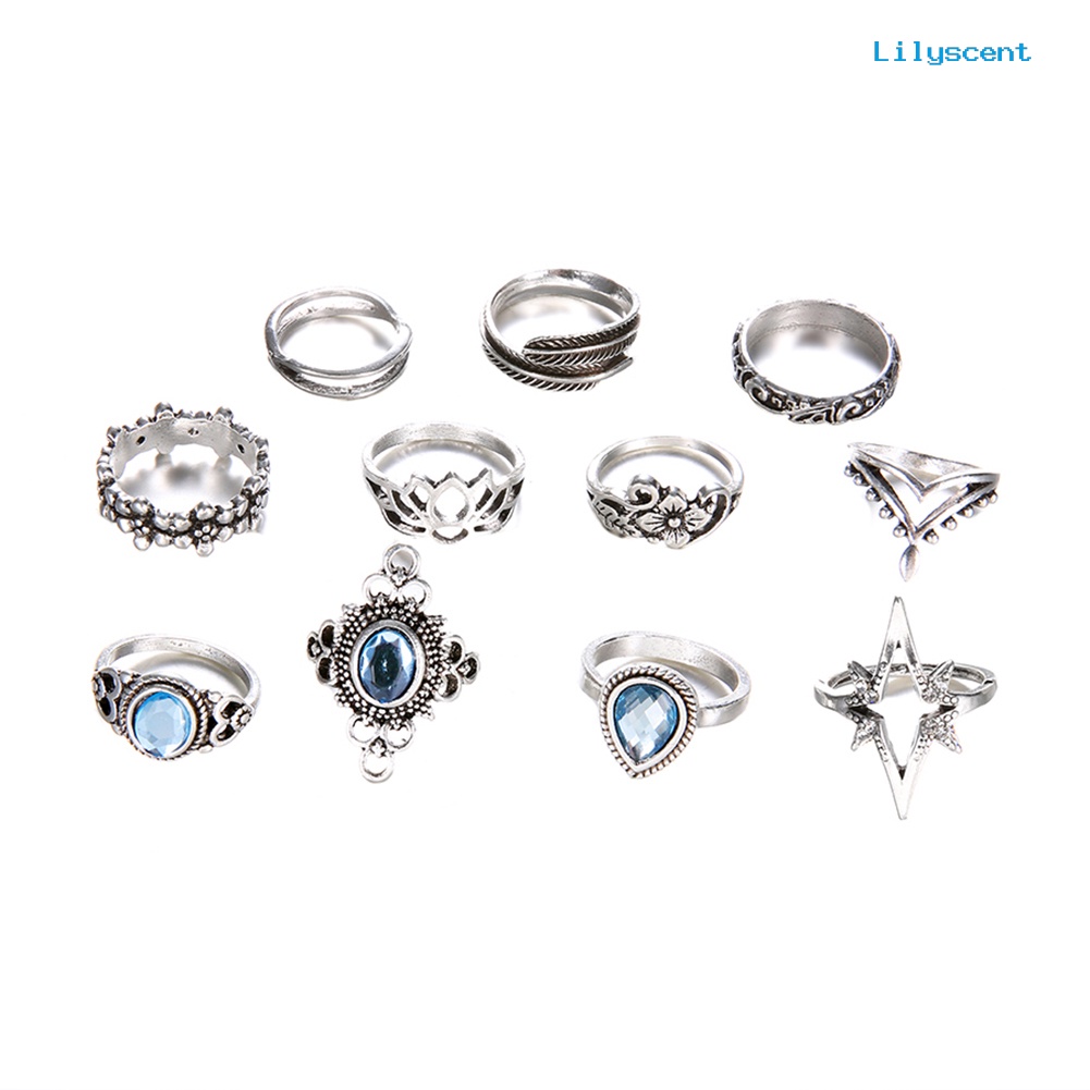 11pcs Cincin Knuckle Midi Model Hollow Aksen Berlian Imitasi Gaya Retro Untuk Wanita