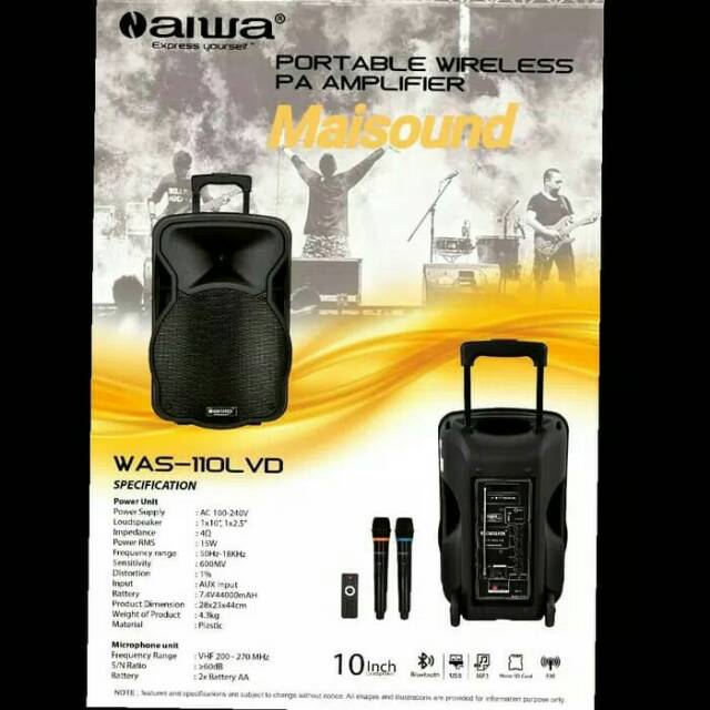 Portable Speaker Meeting AIWA WAS 110LVD 110 LVD 10 Inch