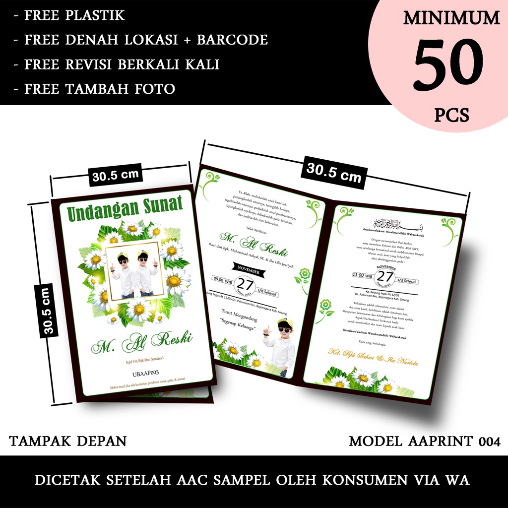 CETAK UNDANGAN  PERNIKAHAN UBAAP004 GLOSSY free plstk+label107+denah lokasi nikah pernikahan wedding