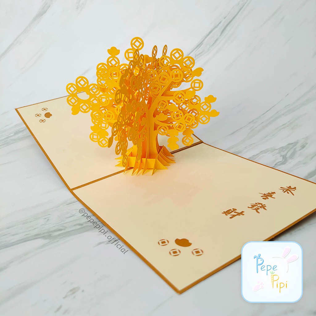 Pop Up Card Pohon Uang 3D Emas Kemakmuran Golden Tree Kartu Ucapan Card