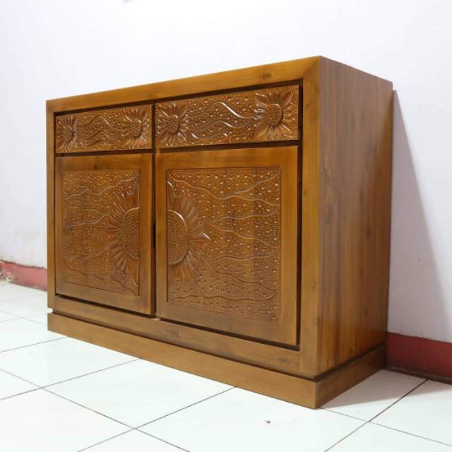 Bufet minimalis ukir bunga matahari | Cabinet minimalis ukiran bunga matahari | bufet ukiran minimal