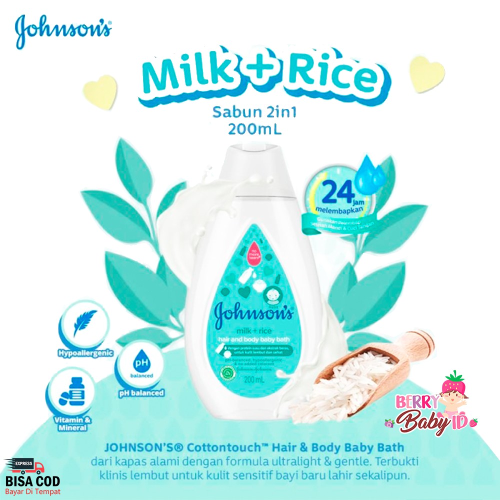 Johnson's Milk and Rice Hair &amp; Body Baby Bath Shampo Sabun Bayi 200 ml Berry Mart