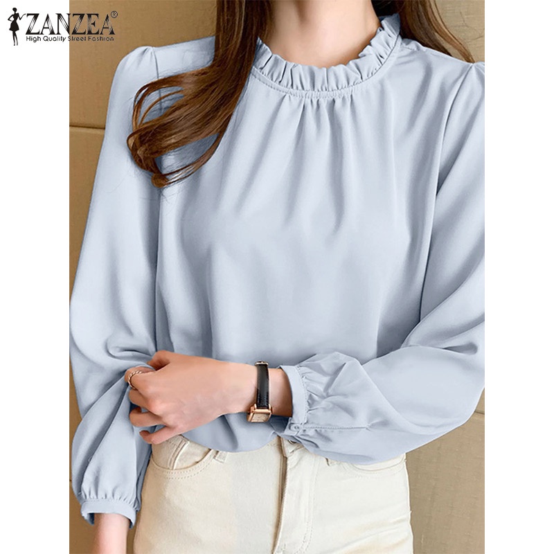 ZANZEA Women Full Sleeved Office OL Baggy Shirts O-Neck Tops Loose Blouse