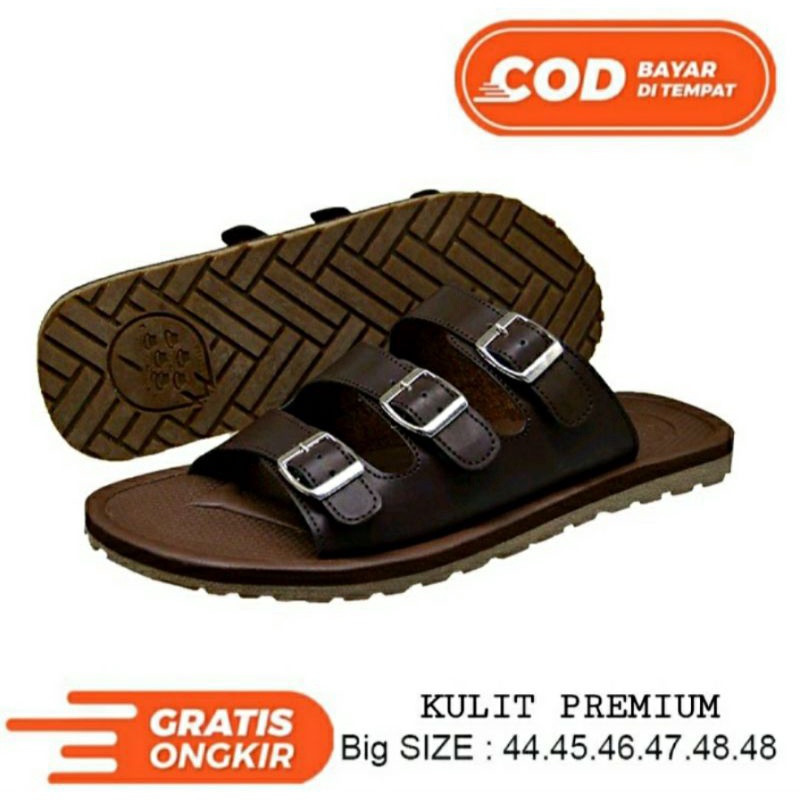 Original, Sandal Kulit Pria Tebal Z1 Slide Sandal Big Size Besar Banget 44-45-46-47-48-49 Super JUMBO Kulit Brown, 44