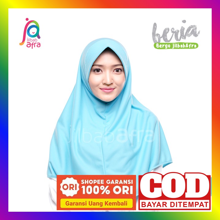 Jilbab Instan Afra Beria Bergo Bahan Kaos Adem Tebal Pet Jumbo Warna Biru Langit Polos