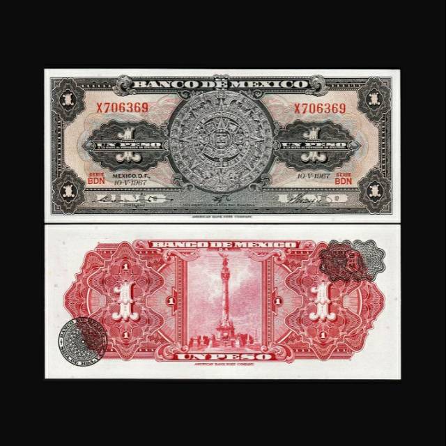 UANG ASING MEXICO 1 PESO 1936 sd 1978 UNC AZTEC CALENDAR