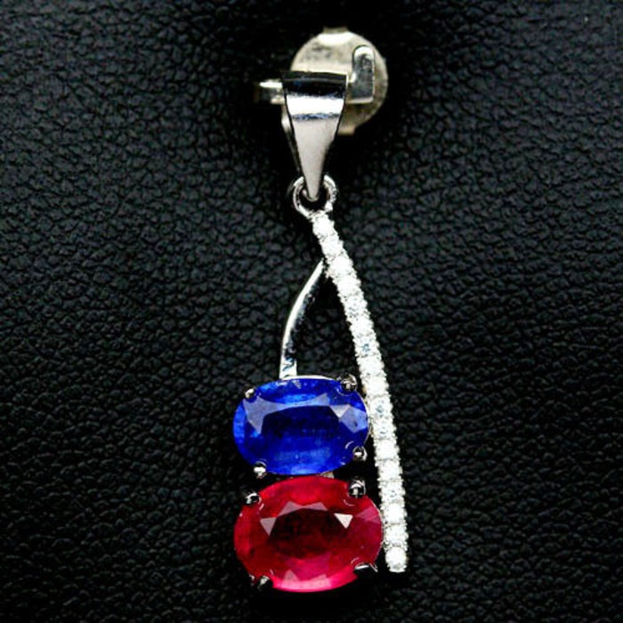 Batu Permata Natural Ruby & Sapphire Kalung Liontin Perak 925 Lapis Emas 14K