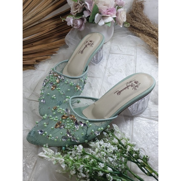 sepatu wedding kekeysa hijaumint tinggi 5cm kaca