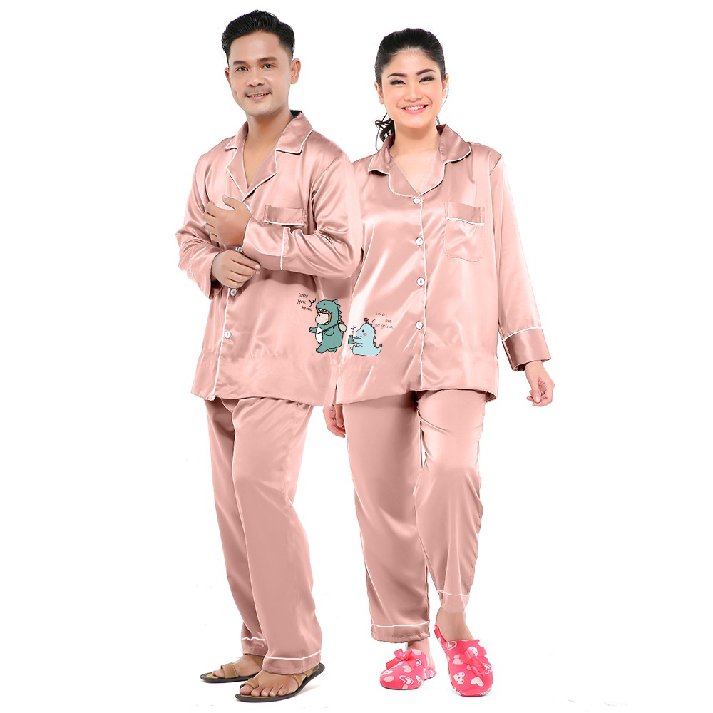 Zavyn Piyama Couple Satin Long Sleeve Dino Take You Home