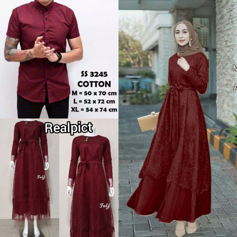 COUPLE GAMIS MUSLIM SABRINA DAN KEMEJA PRIA POLOS ADA SIZE JUMBO/GAMIS BROKAT TILE WANITA/HEM POLOS