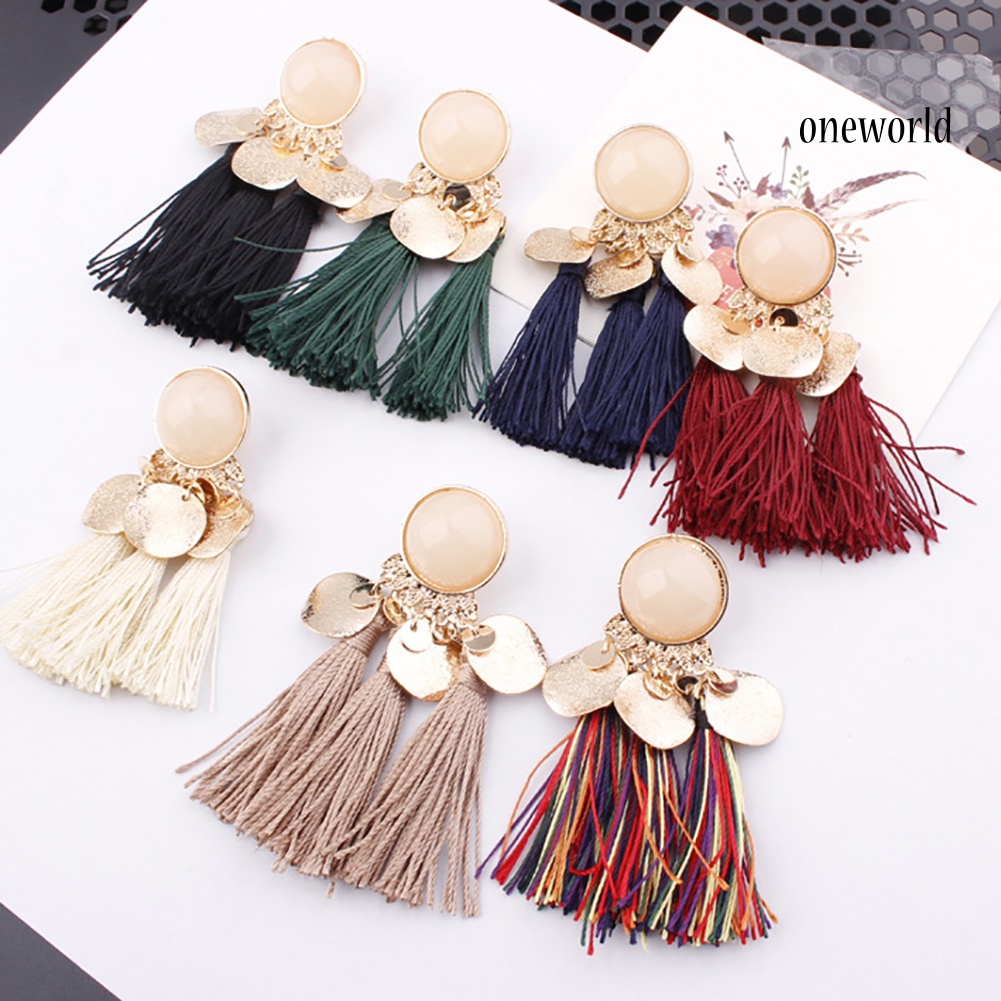 OW@ 1Pair Women Bohemian Tassels Sequins Ear Stud Dangle Earrings Banquet Jewelry